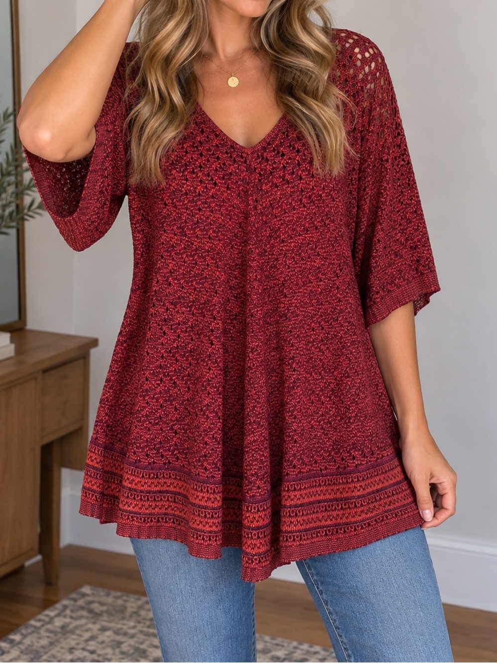 Red Boho Crochet Knit Women's Top 2X